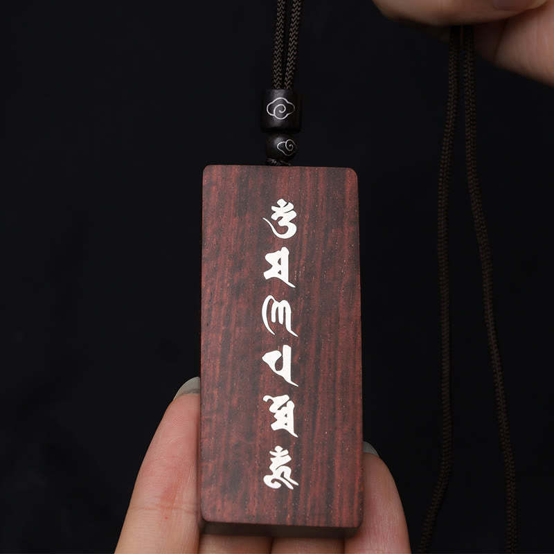 999 Sterling Silver Small Leaf Red Sandalwood Ebony Wood Om Mani Padme Hum Inlaid Protection Necklace Pendant