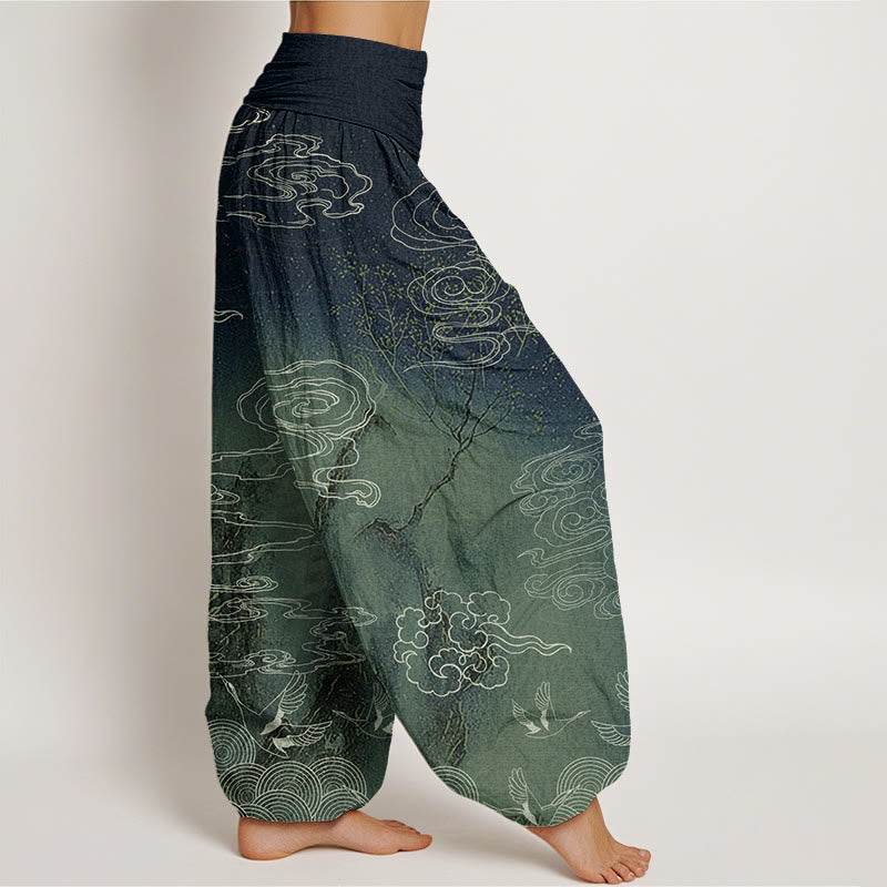 White Auspicious Clouds Birds Tree Pattern Women's Elastic Waist Harem Pants