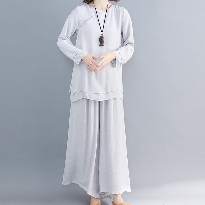 2Pcs Three Quarter Sleeve Long Sleeve Shirt Wide Leg Pants Meditation Cotton Linen Clothing Women's Set