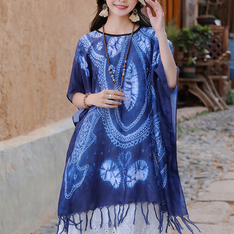 Blue Geometry Batik Shawl Tassels Cozy Travel Pullover 90*95cm