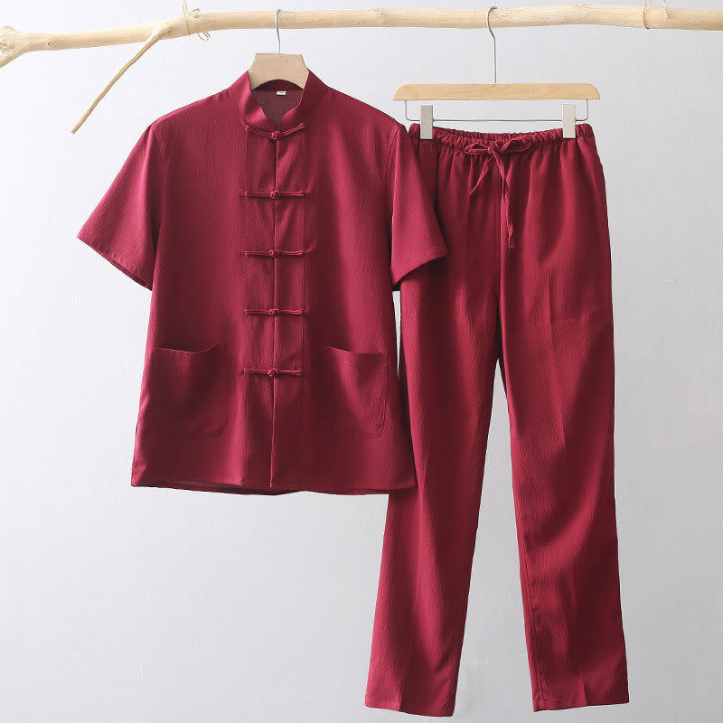 Tang Frog-Button Short Sleeve Shirt Wide Leg Pants Men's Suit