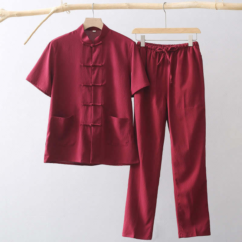 Tang Frog-Button Short Sleeve Shirt Wide Leg Pants Men's Suit