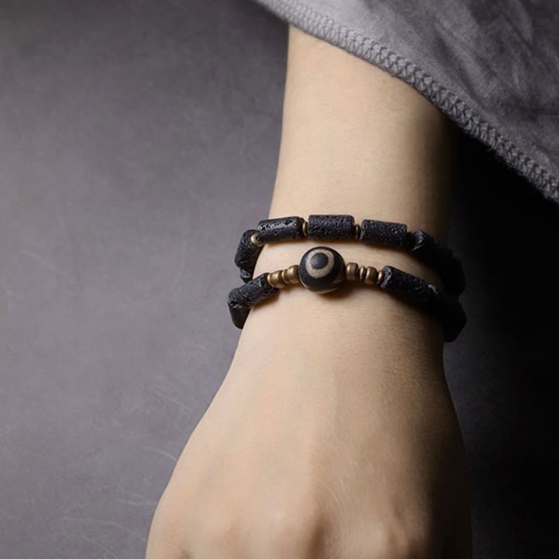 Vintage Lava Rock Three-eyed Dzi Bead Copper Brass Multi-turn Wrap Calm Bracelet