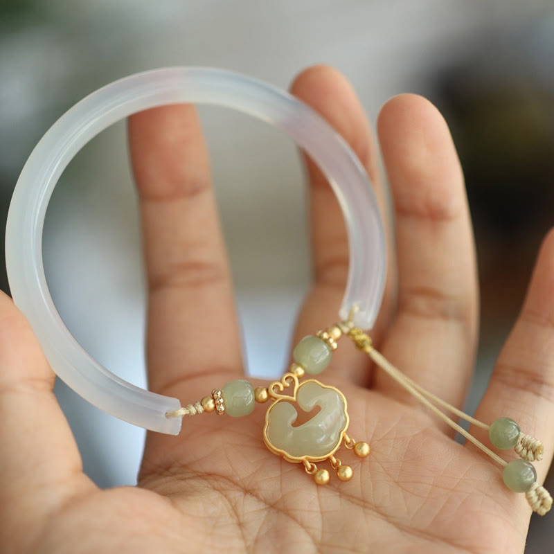 Chalcedony Hetian Jade 925 Sterling Silver Auspicious Cloud Ruyi Lock Harmony Cuff Half Bracelet Bangle