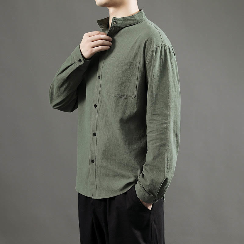 Men's Long Sleeve Shirt With Pocket Stand Collar Comfort Linen Shirt