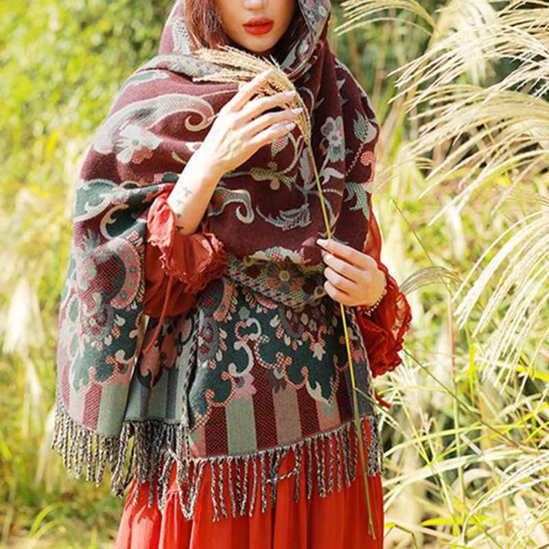 Tibetan Flowers Leaves Branch Design Tassel Shawl Cozy Travel Scarf Wrap