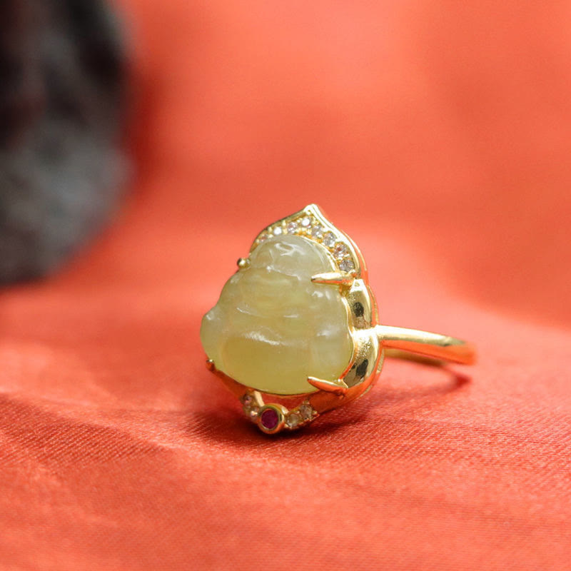Natural Hetian Jade Egg Gourd Copper Laughing mystic zen Open Luck Ring