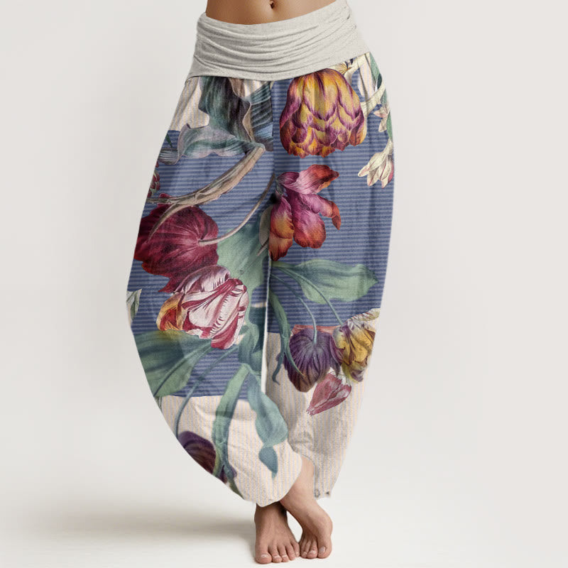 Tulips Green Leaves Design Women's Elastic Waist Harem Pants