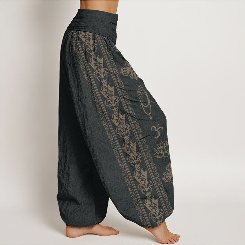 Lotus Flowers Double Dorje Vajra Namaste Om Design Women's Elastic Waist Harem Pants