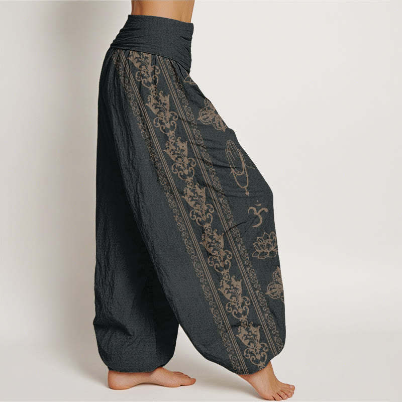 Lotus Flowers Double Dorje Vajra Namaste Om Design Women's Elastic Waist Harem Pants