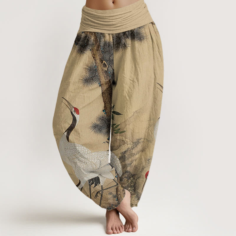 Casual Red-crowned Crane Pine Tree Mountain Women's Elastic Waist Harem Pants