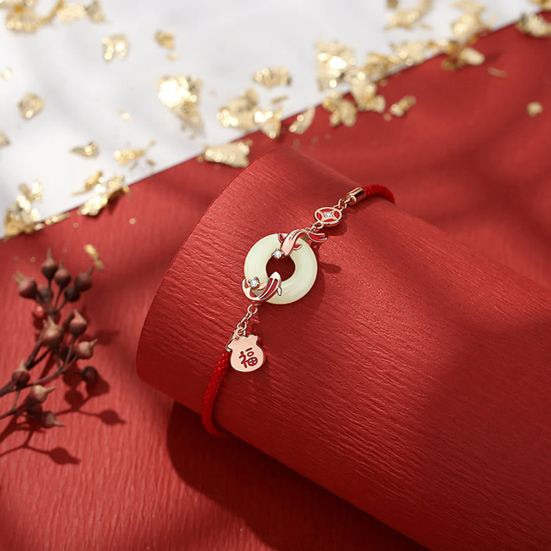 Natural Hetian Jade Red String 925 Sterling Silver Plated Gold Koi Fish Lucky Bag Fu Character Peace Buckle Luck Bracelet