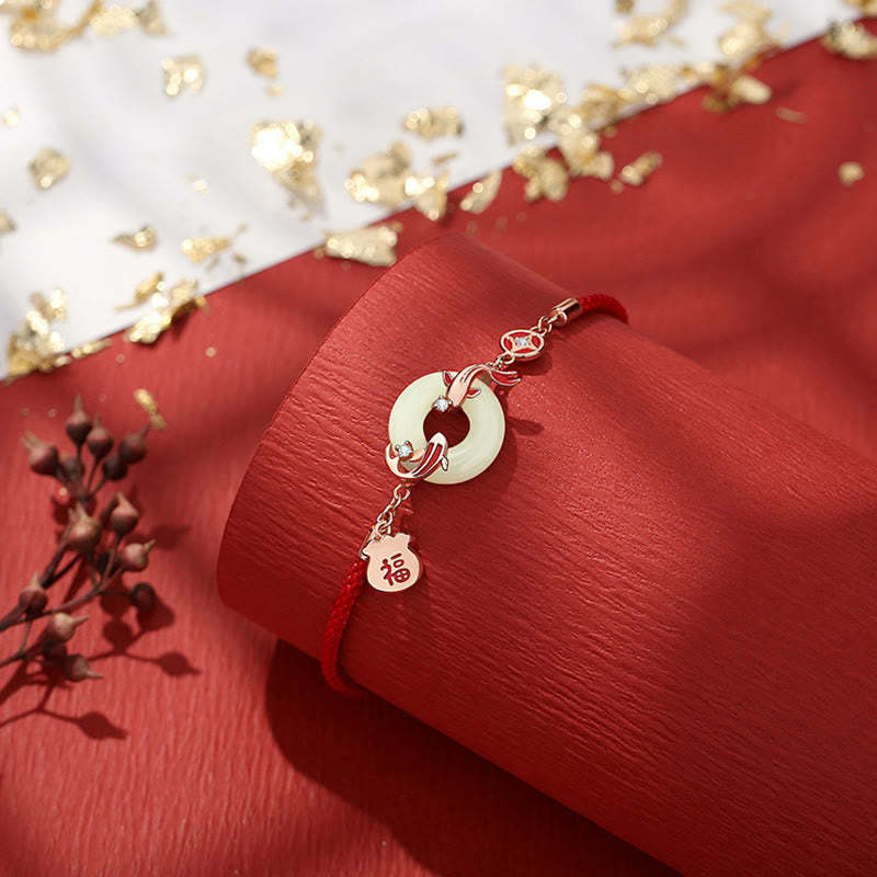 Natural Hetian Jade Red String 925 Sterling Silver Plated Gold Koi Fish Lucky Bag Fu Character Peace Buckle Luck Bracelet