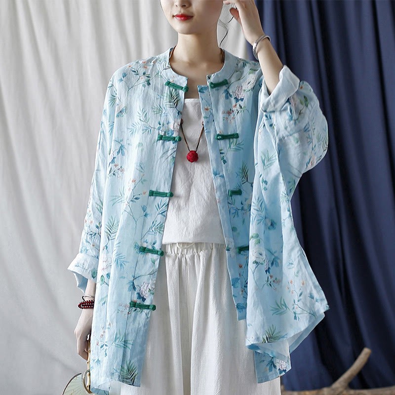 Light Green Pink Flowers Green Leaves Frog-Button Long Sleeve Ramie Linen Jacket Shirt