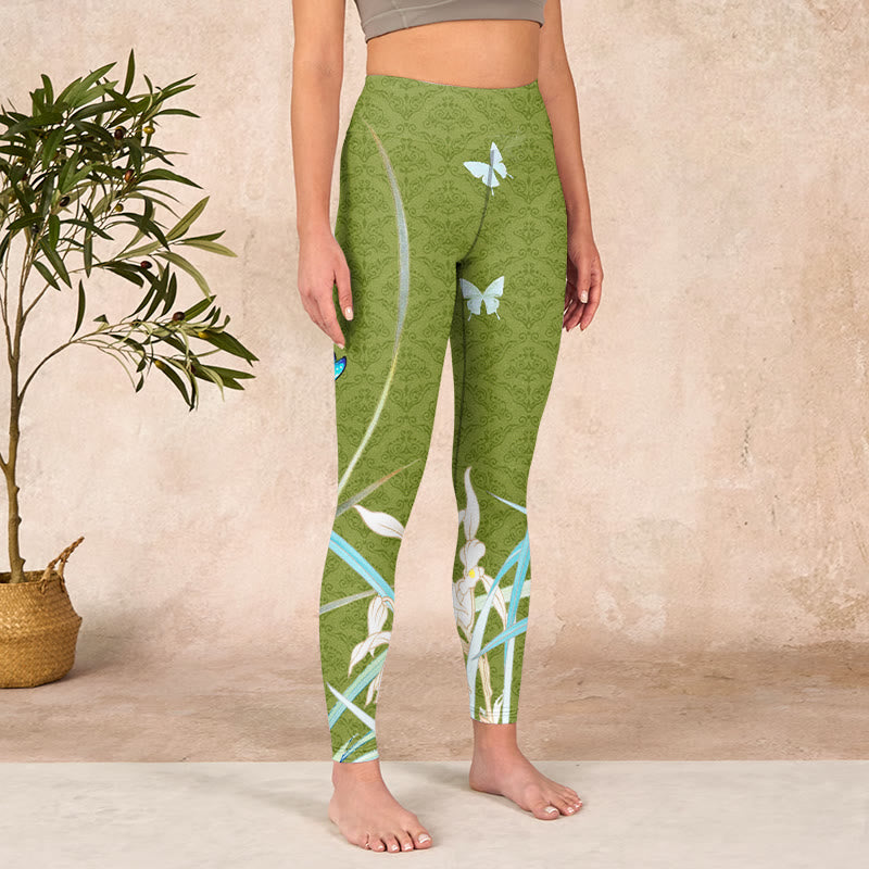 Green Butterfly Orchid Flowers Print Gym Leggings Women's Yoga Pants