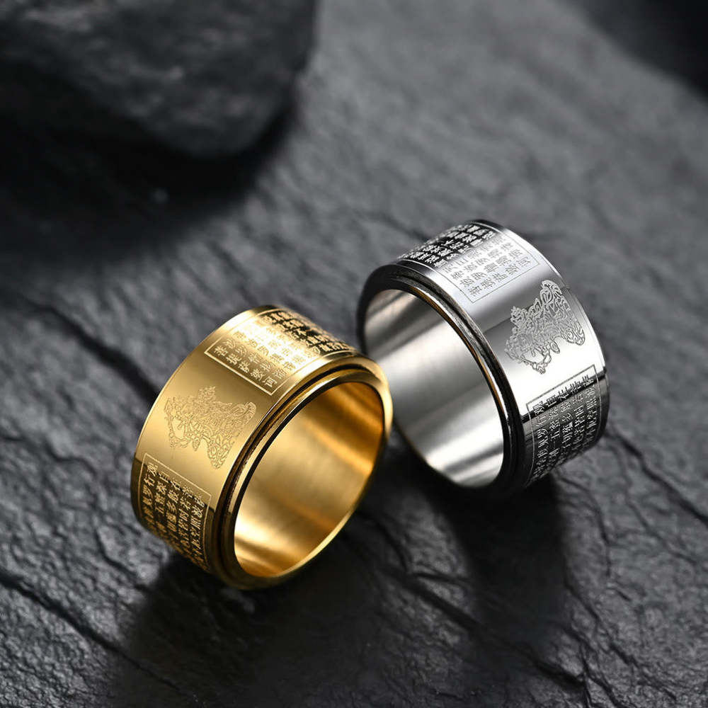 Chinese Zodiac Natal mystic zen Heart Sutra Carved Titanium Steel Calm Rotatable Ring