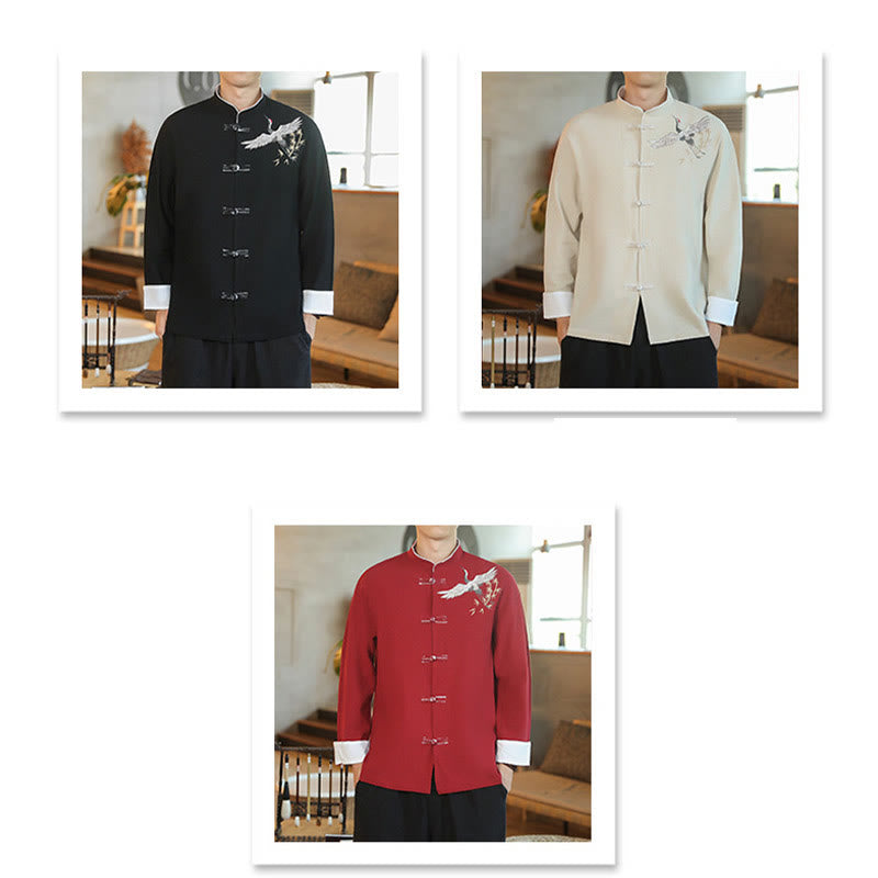 Chinese New Year Flying Crane Embroidery Frog-button Tang Suit Cotton Men's Jacket Shirt