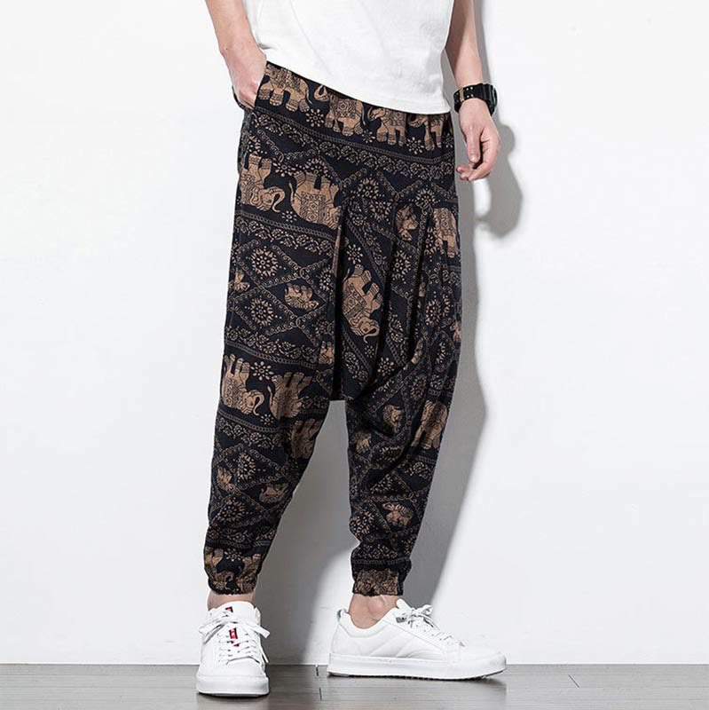 Elephant Brown Black Print Cotton Men's Long Cropped Harem Pants With Pockets