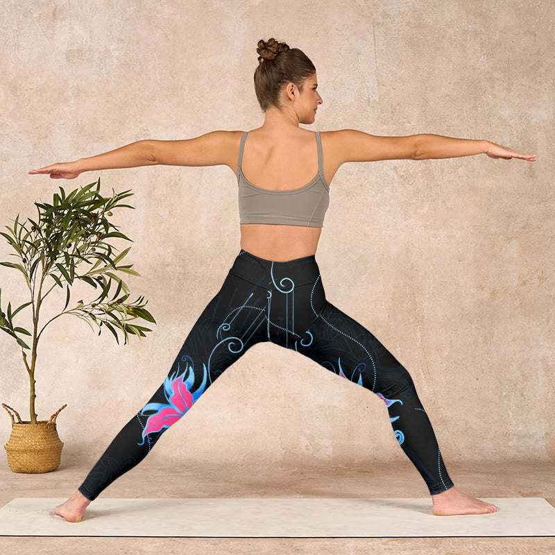 Black Pink Blue Flowers Print Fitness Leggings Women's Yoga Pants