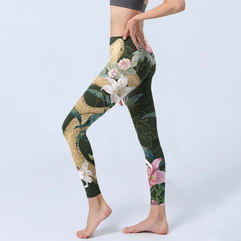Green Golden Snake Lily Peony Flowers Print Gym Leggings Women's Yoga Pants