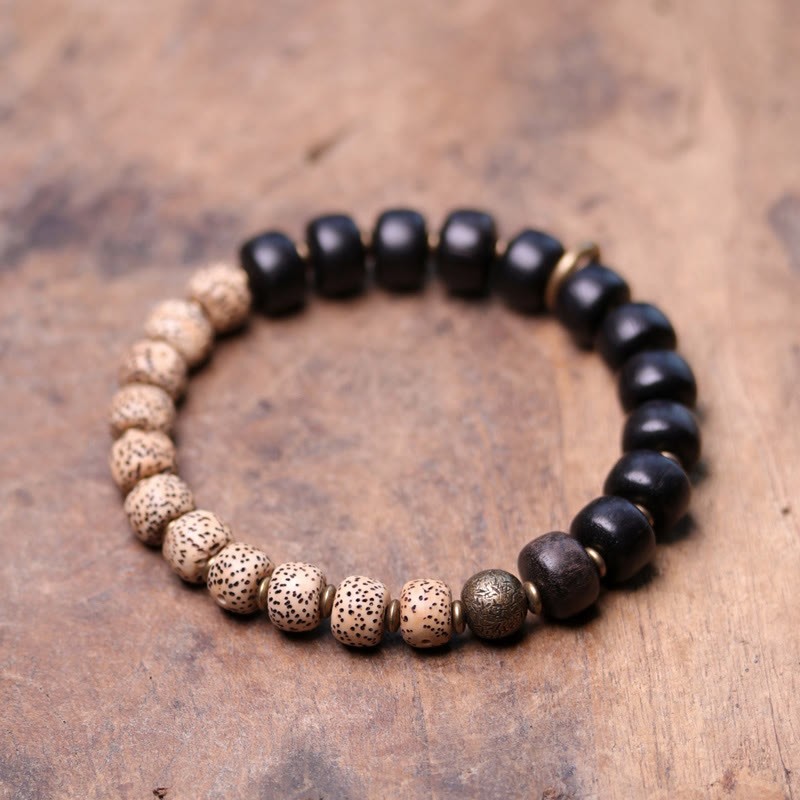 Tibetan Bodhi Seed Black Obsidian Ebony Wood Copper Peace Bracelet