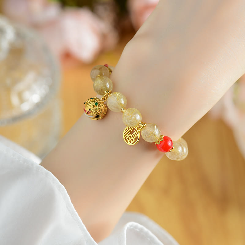 Natural Golden Rutilated Quartz Fu Character Charm Bell Wealth Bracelet