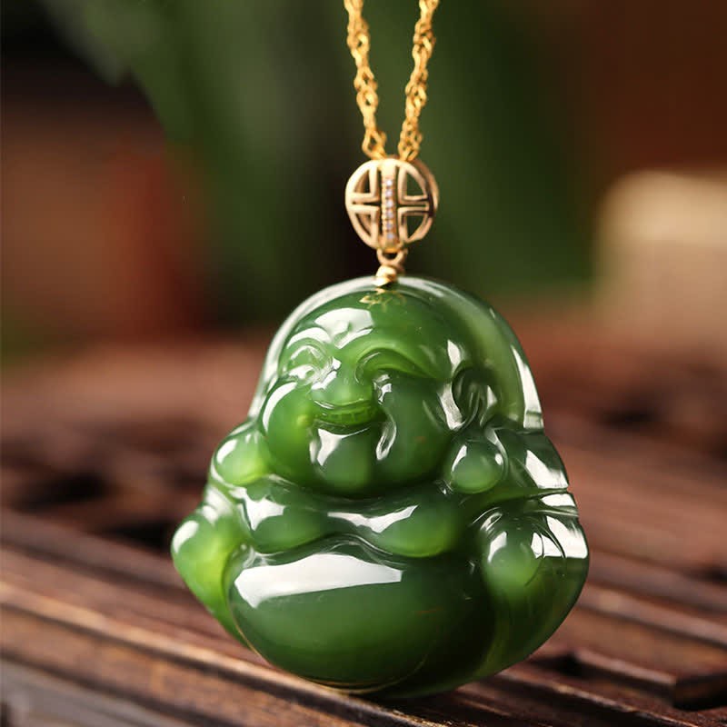 925 Sterling Silver Laughing mystic zen Hetian Cyan Jade 18K Gold Success Necklace Chain Pendant