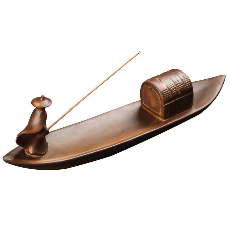Fisherman Fishing Boat Bamboo mystic zen Hand Lotus Spiritual Healing Ceramic Stick Incense Burner Decoration