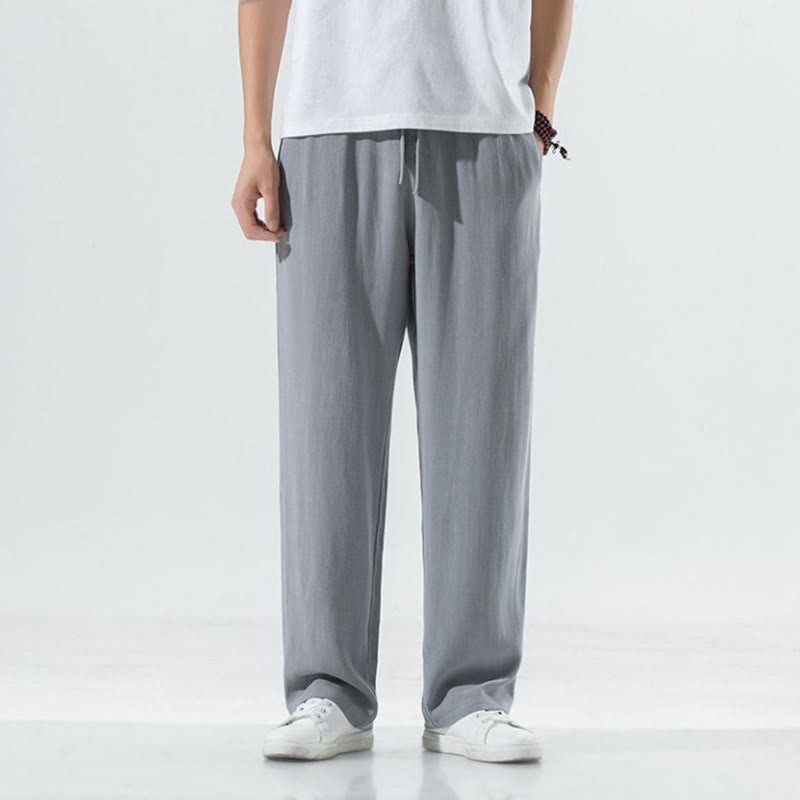 Solid Color Linen Men's Wide Leg Pants With Pockets