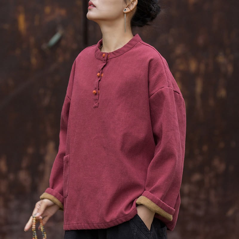 Retro Solid Color Thermal Long Sleeve Ramie Linen Women's Shirt