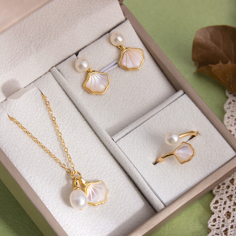 Ginkgo Tridacna Stone Pearl Bead Copper Blessing Necklace Pendant Ring Earrings Set