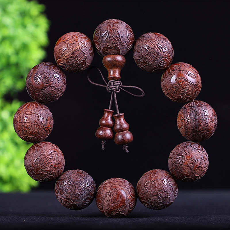 Chinese Zodiac Rosewood Ebony Boxwood Copper Coin PiXiu Carved Warmth Bracelet
