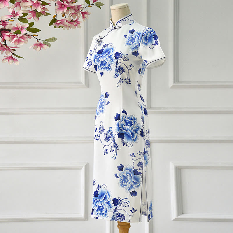 Blue And White Porcelain Color Peony Flower Pattern Cheongsam Dress Women's Qipao Dress
