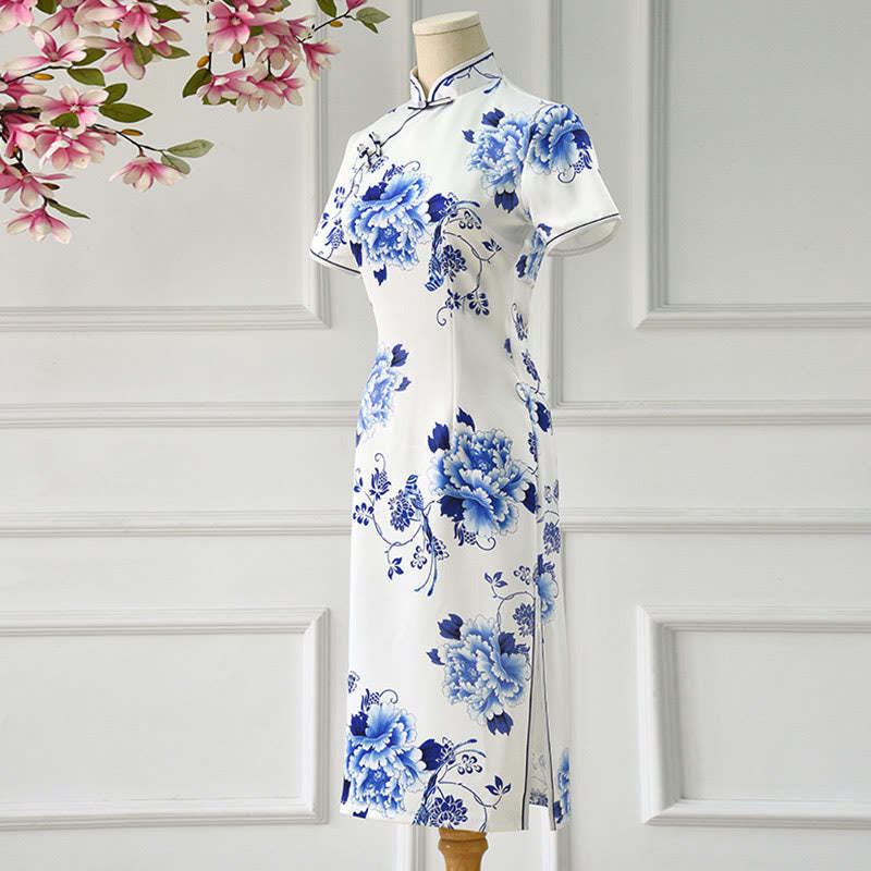 Blue And White Porcelain Color Peony Flower Pattern Cheongsam Dress Women's Qipao Dress