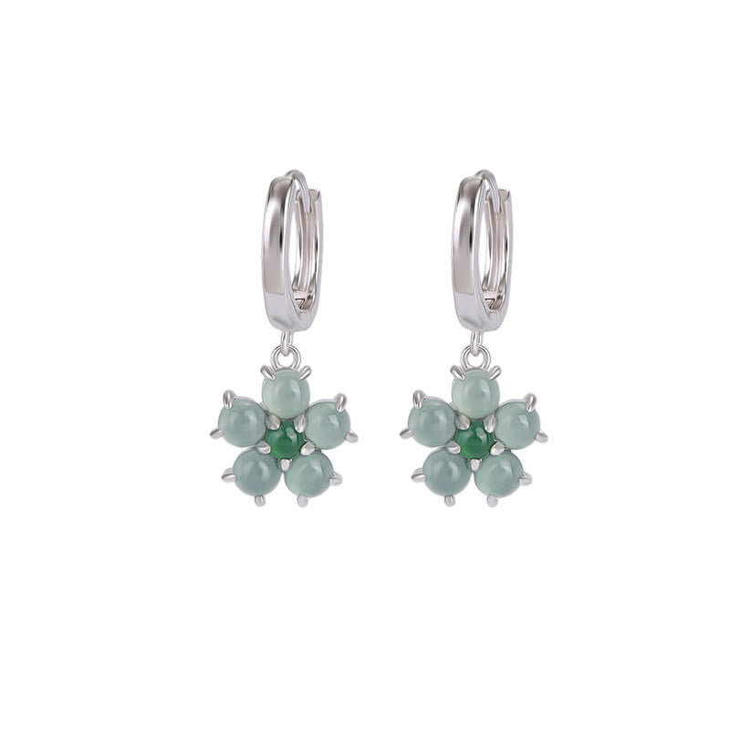 925 Sterling Silver Plated Gold Green Jade Flower Design Luck Prosperity Earrings