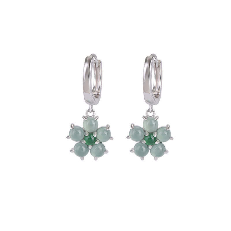 925 Sterling Silver Plated Gold Green Jade Flower Design Luck Prosperity Earrings