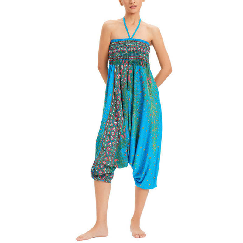 Two Style Wear Peacock Feather Loose Smocked Harem Trousers Jumpsuit High Waist Pants