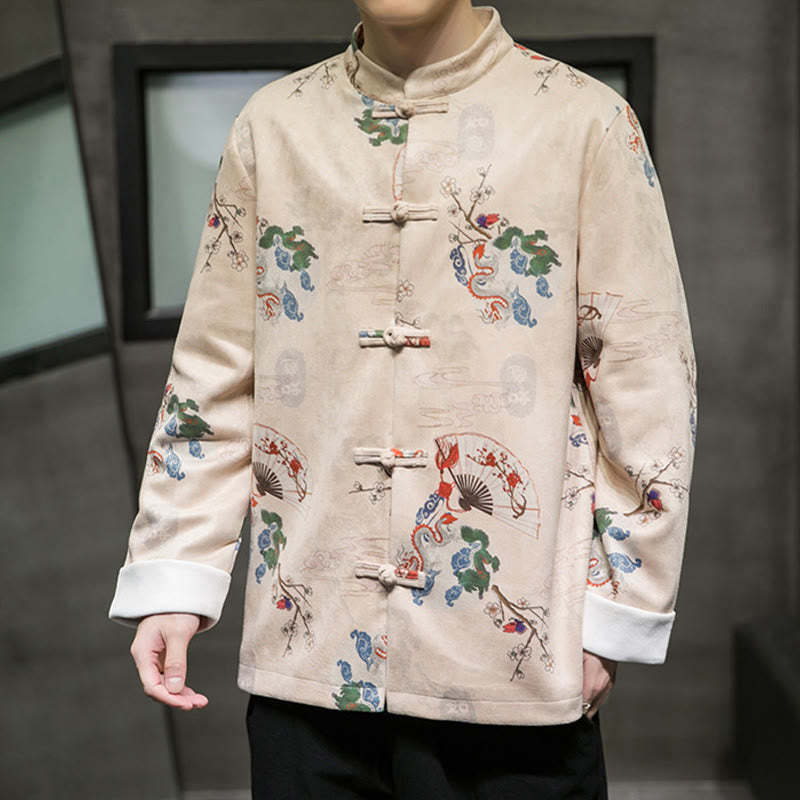Chinese New Year Clothes Flowers Dragon Fan Auspicious Clouds Frog-button Tang Suit Cotton Men's Jacket Shirt