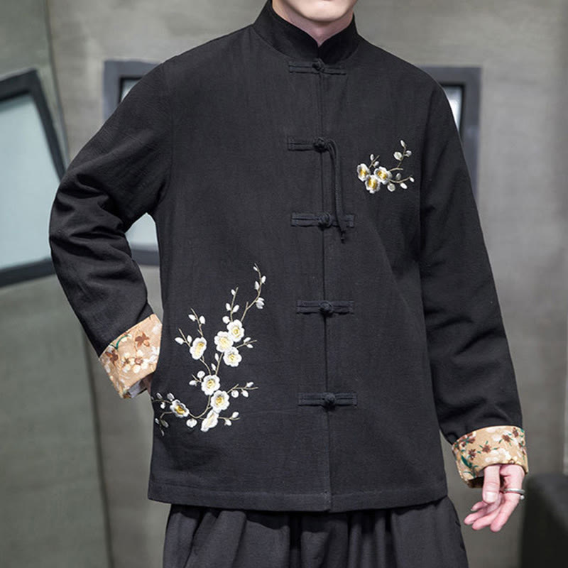 Plum Blossom Embroidery Cuff Flower Design Frog-button Tang Suit Cotton Linen Men's Jacket Shirt