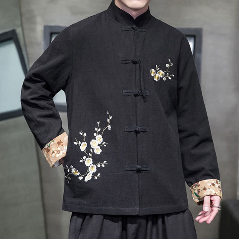 Plum Blossom Embroidery Cuff Flower Design Frog-button Tang Suit Cotton Linen Men's Jacket Shirt