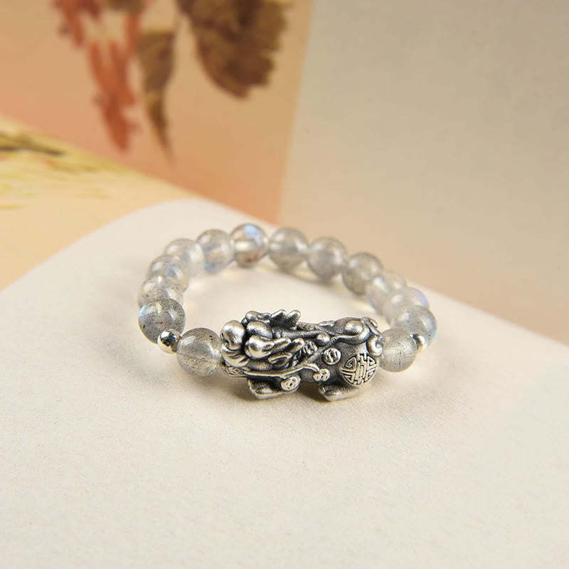 925 Sterling Silver Natural Garnet Moonstone Red Agate PiXiu Wealth Ring