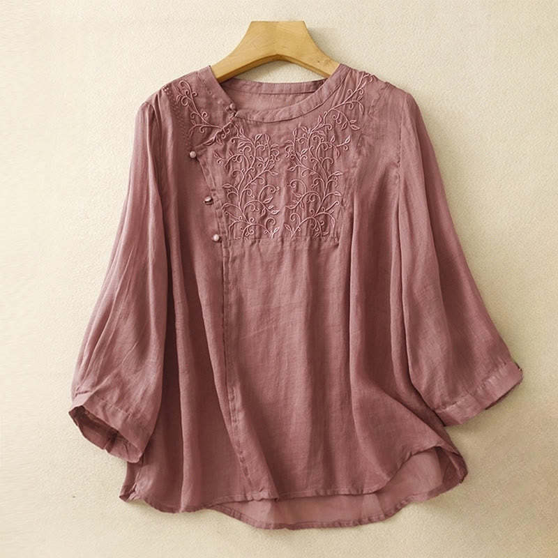 Plain Frog-Button Embroidery Vine Long Sleeve Slanted Collar Cotton Linen Women's Shirt