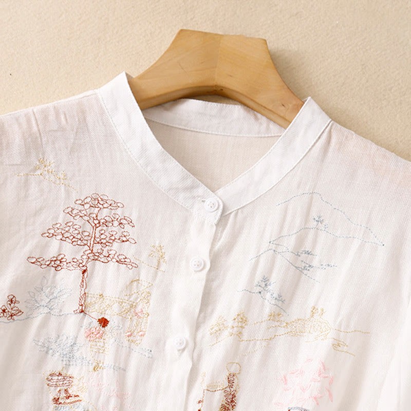 Casual Embroidered Plant Stand Collar Design Three Quarter Sleeve Women's Cotton Linen Shirt