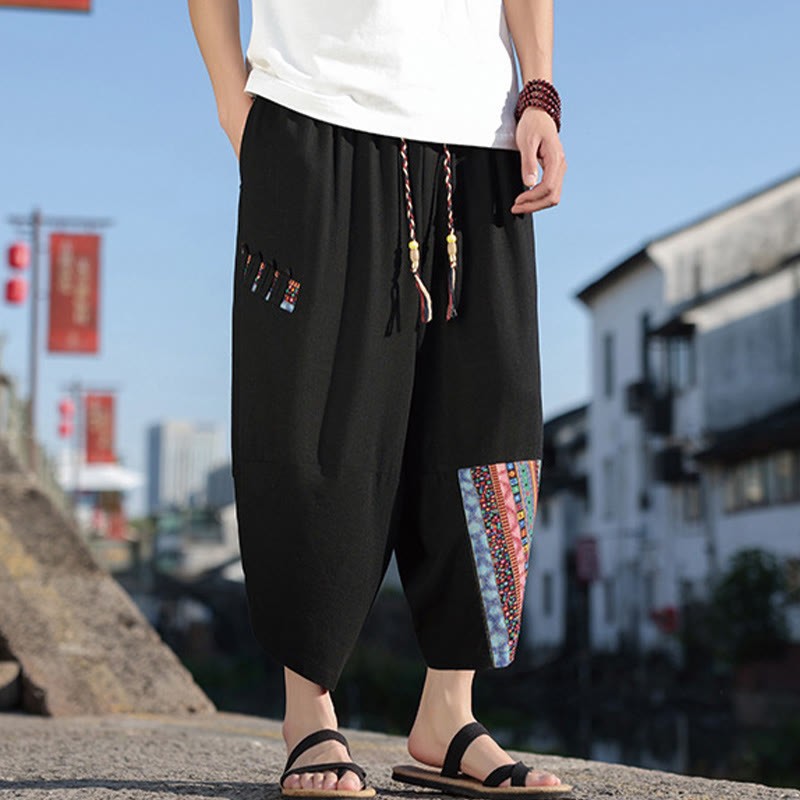 Bohemian Patchwork Pattern Cotton Drawstring Men's Wide Leg Pants With Pockets