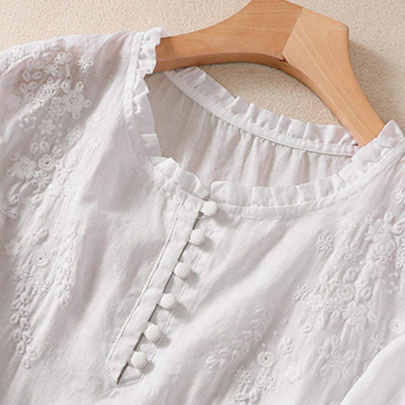 Casual Plain Button Floral Embroidered Design Puff Half Sleeve Cotton Linen Women's Shirt