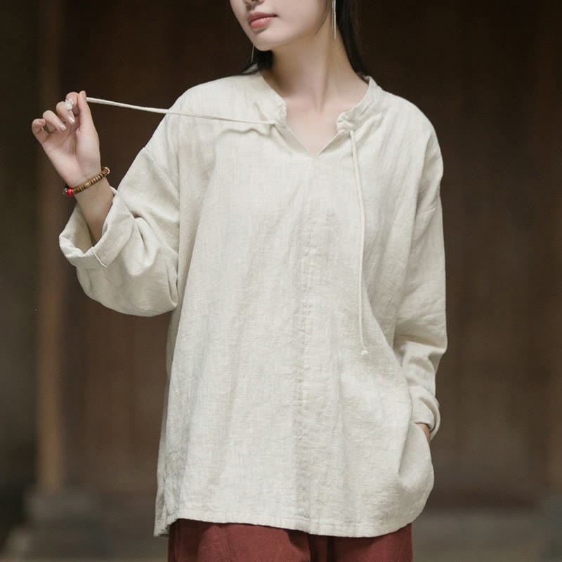 Retro Solid Color Long Sleeve Ramie Linen Women's Shirt