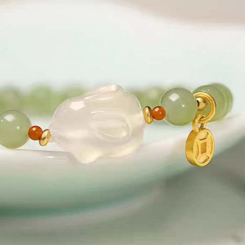 Natural Hetian Jade Agate Rabbit Copper Coin Luck Bracelet