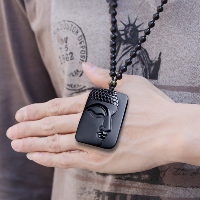 Natural Black Obsidian mystic zen Prayer Purification Luck Pendant Necklace