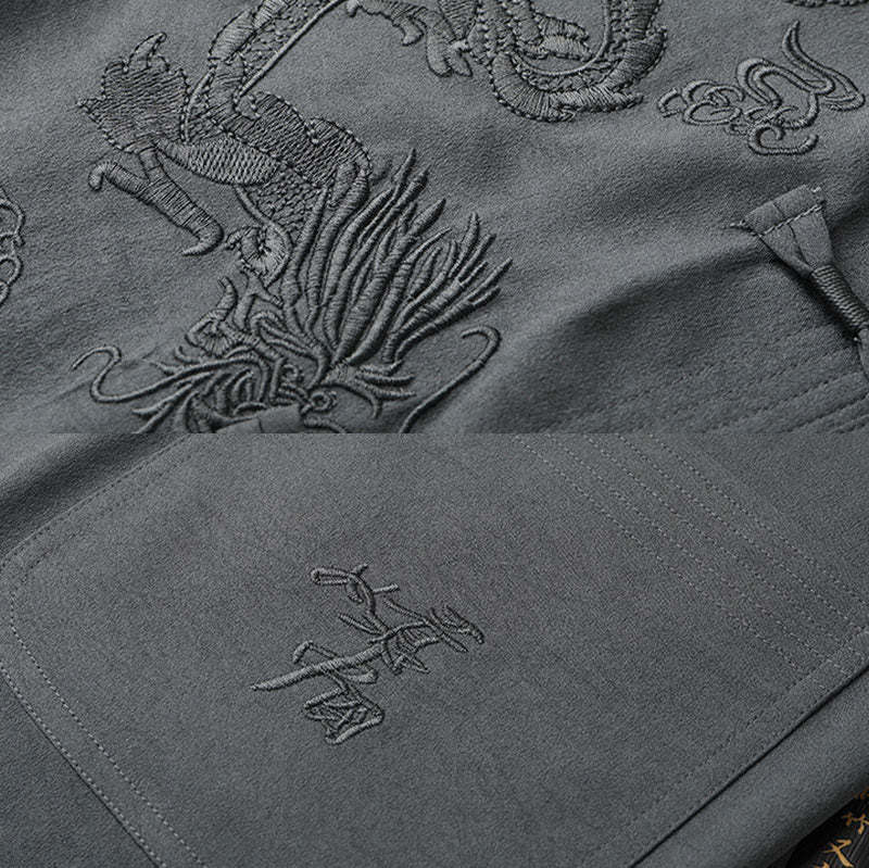 Tang Suit Hanfu Chinese Dragon Traditional Kung Fu Uniform Short Sleeve Tops and Pants Clothing Men's Set