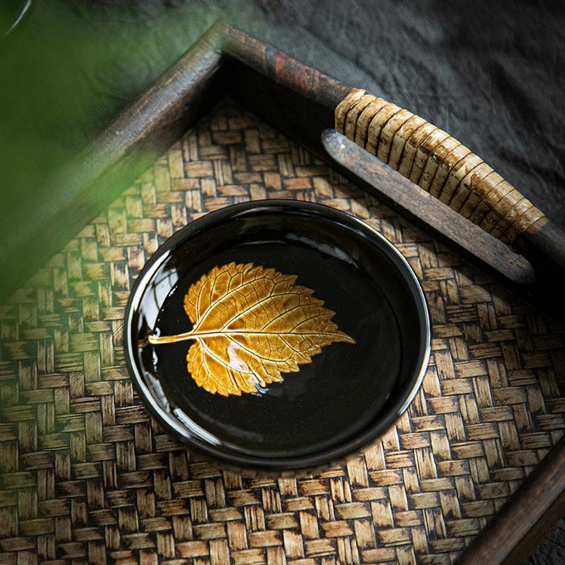 Gold Maple Leaf Chinese Jianzhan Ceramic Teacup Tenmoku Kung Fu Tea Cup Bowl